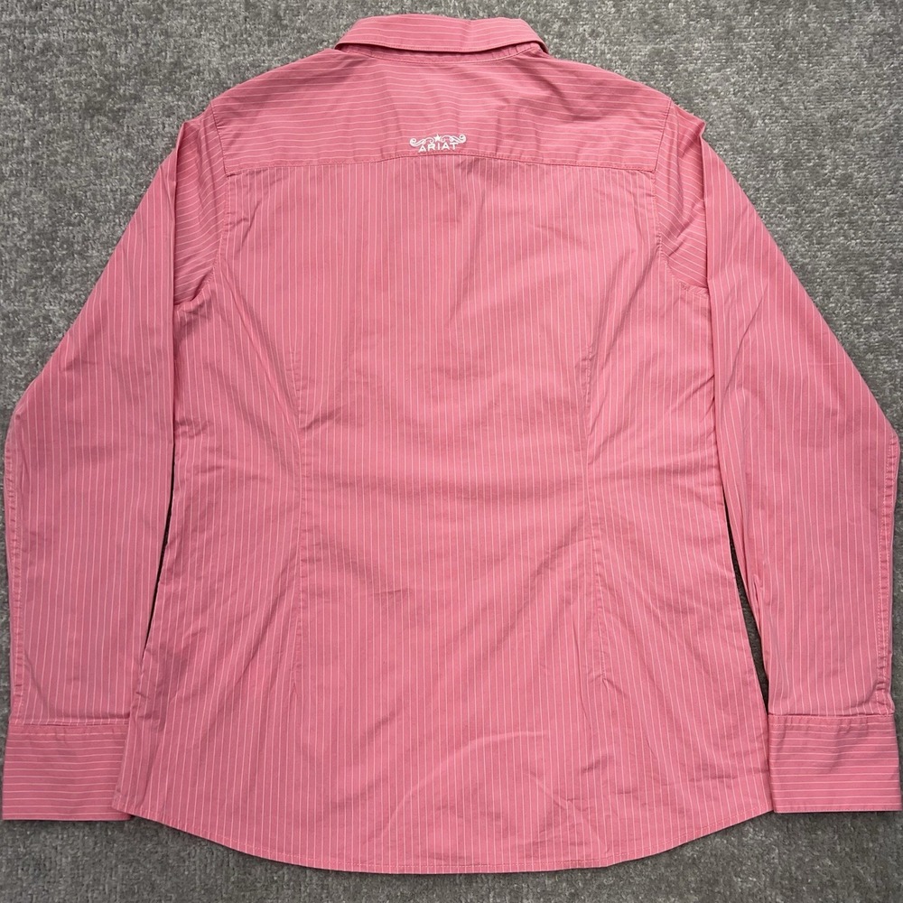 Ariat Long Sleeve Button Up Shirt Womens Large Flip Cuffs Fitted Pink Pinstriped - Picture 4 of 14